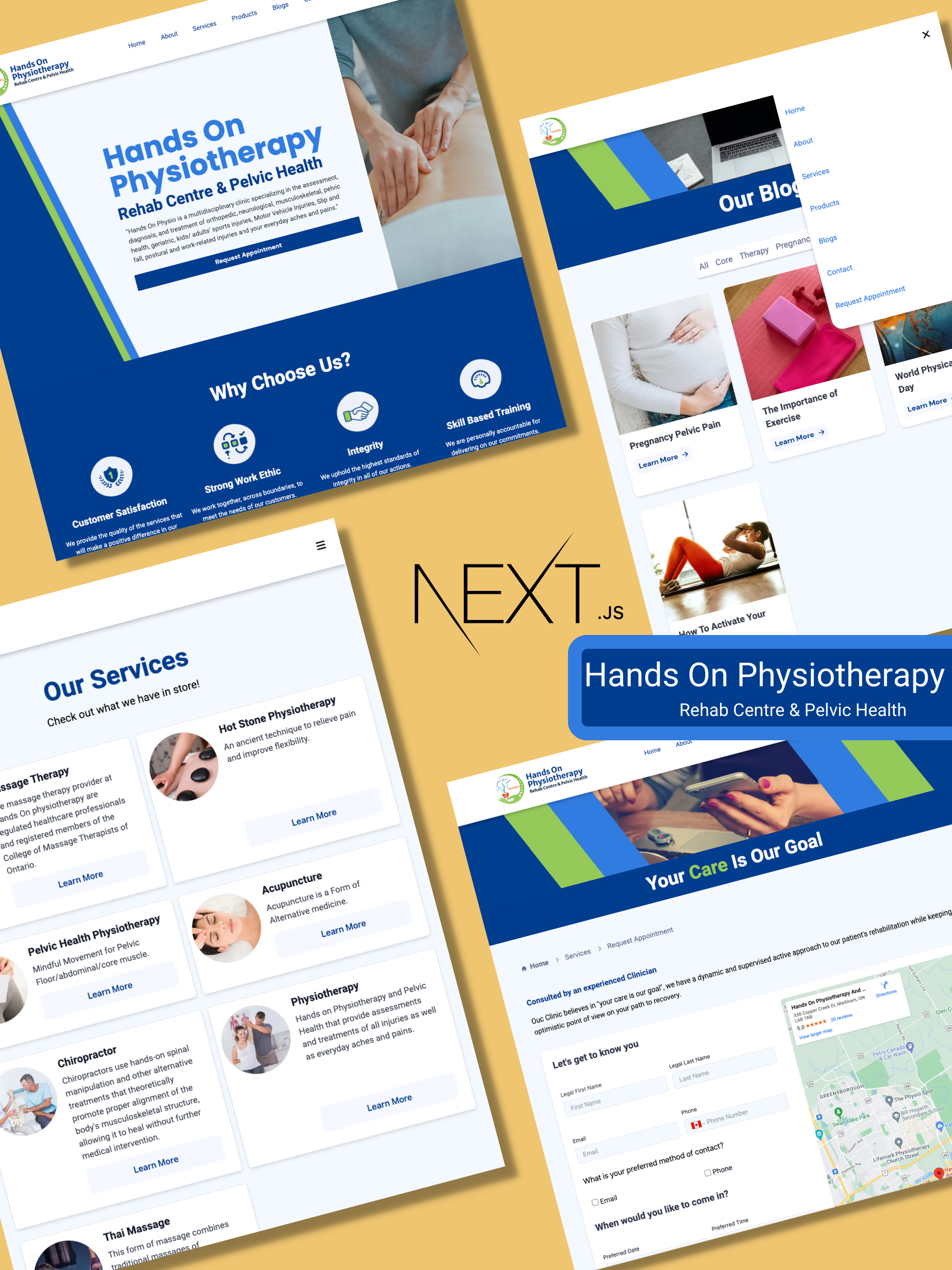 web pages displayed side by side of the Hands On Physiotherapy web app