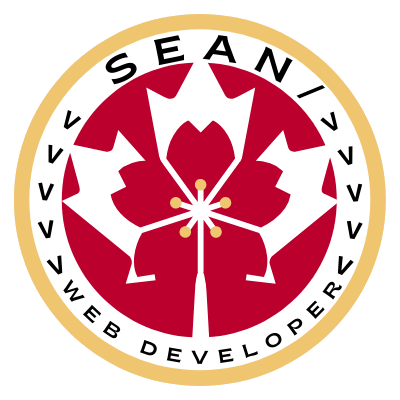 Logo consisting of the words Sean, web developer, and a cherry blossom leaf within a flag of the Canadian maple leaf